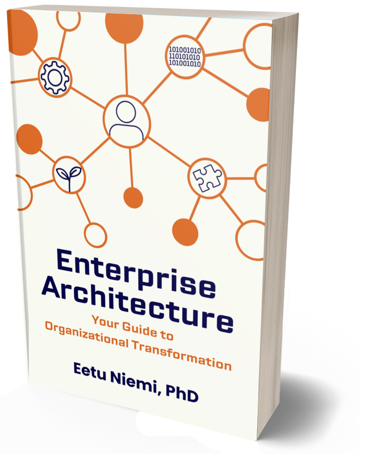 Enterprise Architecture: Your Guide to Organizational Transformation 3D mockup of a softcover book "Enterprise Architecture: Your Guide to Organizational Transformation" by Eetu Niemi.